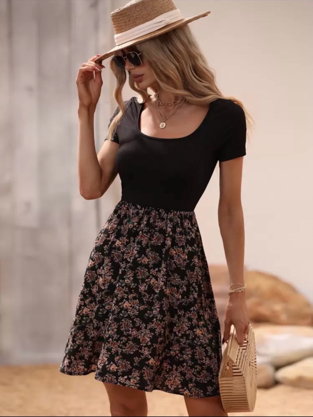 Shein Black Ribbed Top Floral Scoop Neck Dress XS Short Sleeve